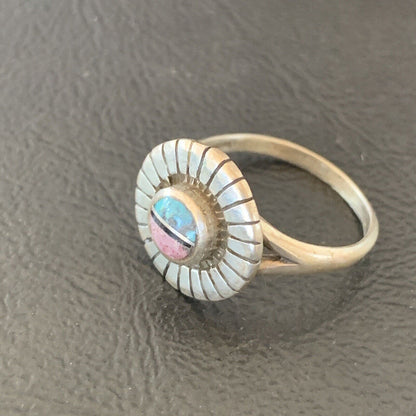 Navajo Blue Turquoise Pink Coral Inlay Ring | Sz 7 | Authentic Native American Handmade | 11169