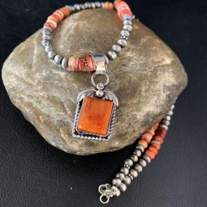 Navajo Pearls Red Spiny Oyster Pendant Necklace | Sterling Silver | 20" | Authentic Native American Handmade | 13654