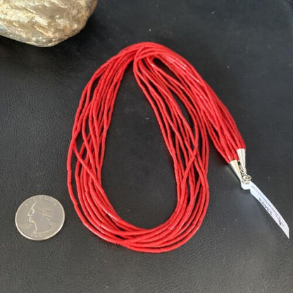Red Coral Stabilized Heishi 10-Strand Necklace | Liquid Sterling Silver | 24" | 13423