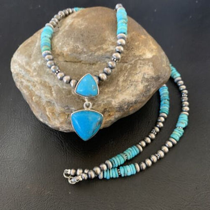 Navajo Pearl Necklace with Blue Cluster Turquoise Multi-Stone Pendant | Authentic Native American Sterling Silver | 12549