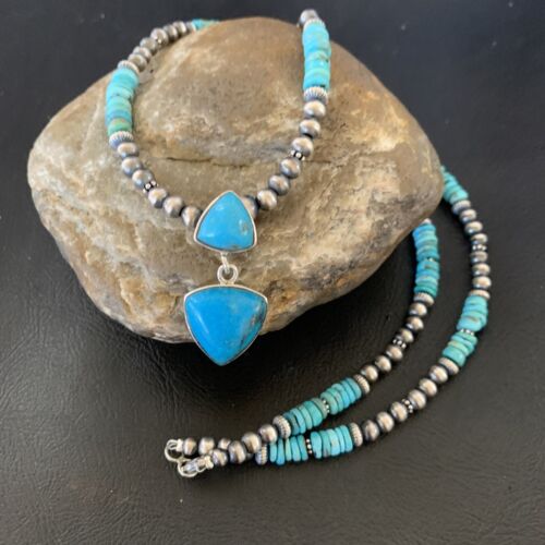 Navajo Pearl Necklace with Blue Cluster Turquoise Multi-Stone Pendant | Authentic Native American Sterling Silver | 12549