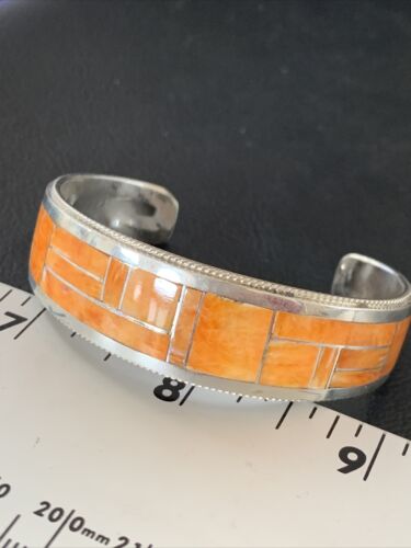 Native American Zuni Orange Spiny Oyster Inlay Cuff Bracelet | Sterling Silver | 12097