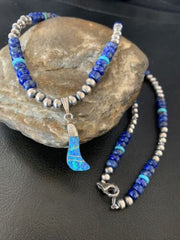 Men's Navajo Blue Lapis Turquoise Opal Inlay Pendant Necklace | Sterling Silver | 22" | 13386