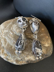 White Buffalo Turquoise Dangle Earrings | Sterling Silver | 2.5" | Authentic Native American Handmade | 12156