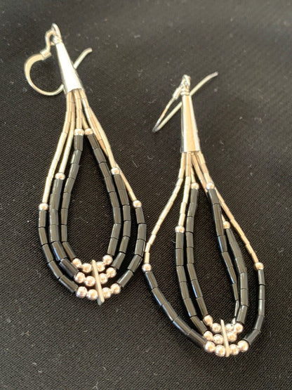 Native American Sterling Silver Heishi Dangle Black Onyx Pendant | 2" Tube | Navajo