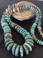 Navajo Pearls Natural Blue Turquoise & Spiny Oyster Necklace | Sterling Silver | Graduated | Authentic Native American | 28" | 00381