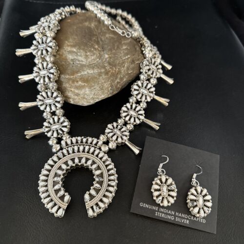 Navajo Dual Side Blue White Buffalo Turquoise Squash Blossom Necklace | Sterling Silver | 14457