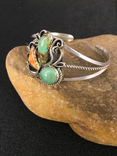 Southwestern Spiny Oyster & Turquoise Bracelet | Navajo Sterling Silver | Authentic Native American Handmade | 8842