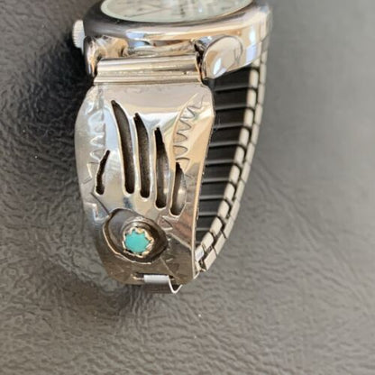 Women's Bear Paw Navajo Sterling Silver Watch Tips with Blue Turquoise Band | Authentic Native American Jewelry | 2095