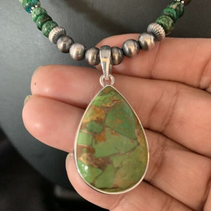 Navajo Green Mojave Turquoise Pendant Necklace | Sterling Silver | Native American Handmade | 13467