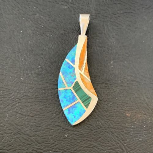Navajo Spiny Blue Opal Inlay Pendant | Sterling Silver | Authentic Native American Handmade | 12275