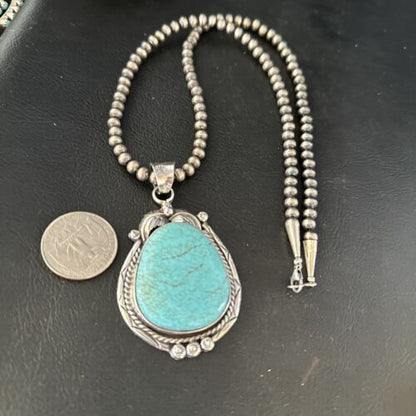 Navajo Blue Turquoise #8 Pendant Necklace | Sterling Silver | Authentic Native American Handmade | 14311