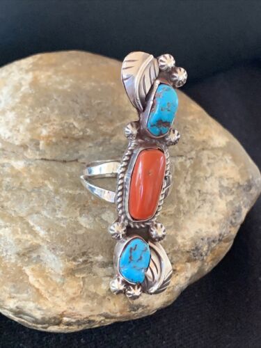 Navajo Kingman Turquoise & Coral Ring | Authentic Native American Sterling Silver | Multi-Stone | Sz 9 | 1294