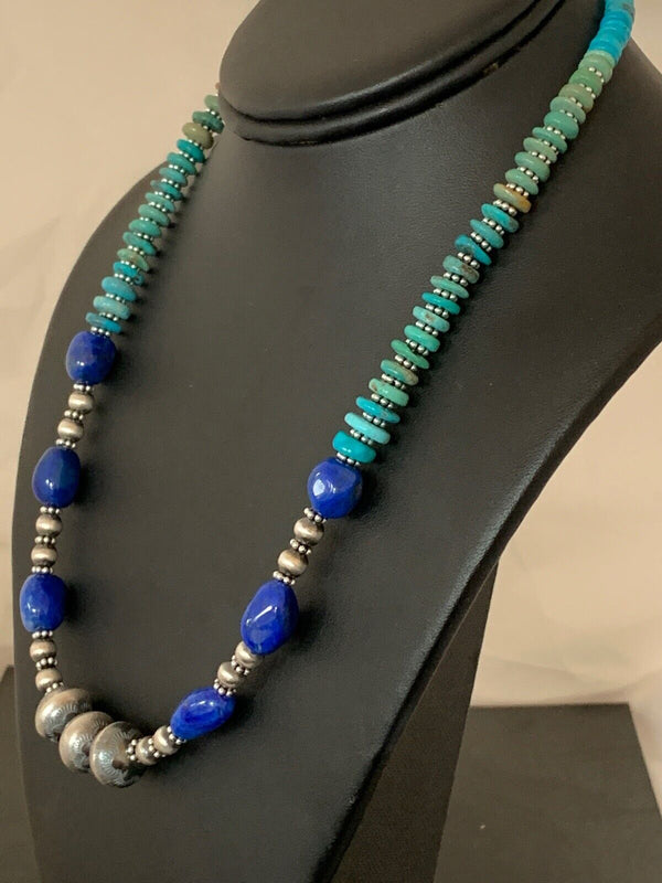 Navajo Lapis & Turquoise Beads Necklace | Sterling Silver | Authentic Native American Handmade | 20" | 4696
