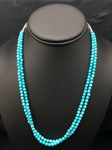 Navajo Blue Turquoise Faceted Bead Necklace | 2 Strand Liquid Sterling | Authentic Native American Handmade | 4368
