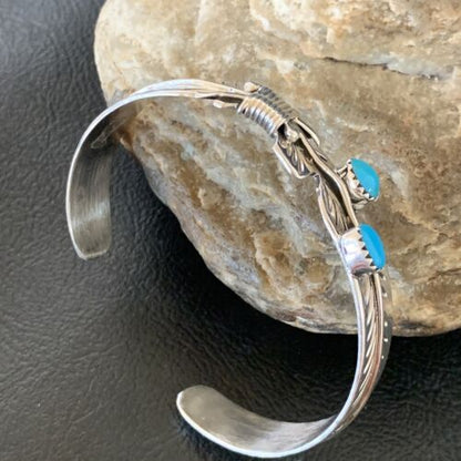 Navajo Blue Kingman Turquoise Cuff Bracelet | Sterling Silver | Authentic Native American Handmade | 12877 - Masha USA