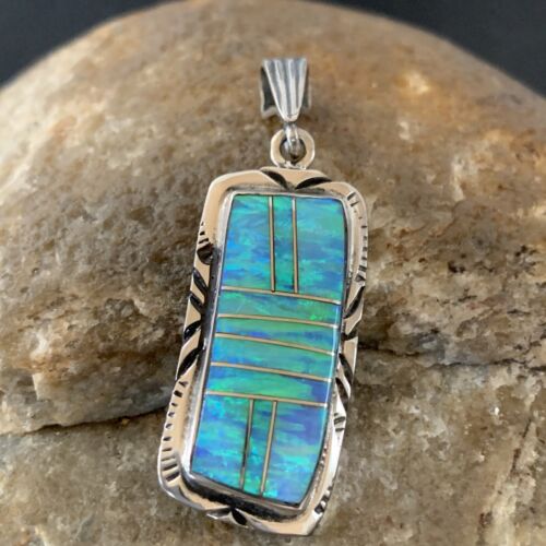 Authentic Native American Navajo Sterling Silver Pendant | Blue Faux Opal Inlay | 01480