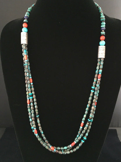 Navajo Blue Spiderweb Turquoise Coral Necklace | Sterling Silver | 3-Strand 29" | 1722
