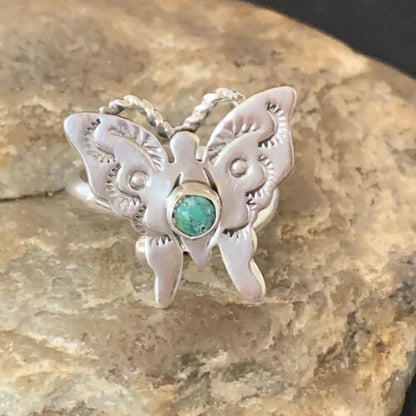 Navajo Blue Turquoise Butterfly Ring | Sterling Silver | Sz Adj 8 | Authentic Native American Handmade | 10340