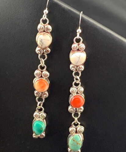 Navajo Spiny, Turquoise & Howlite Dangle Earrings | Sterling Silver | Authentic Native American Handmade | 01618