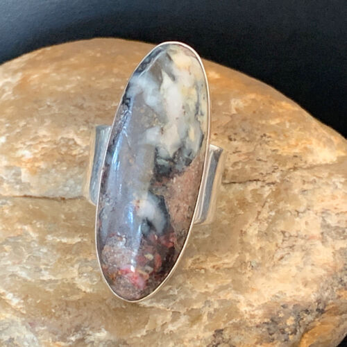 Navajo Men's White Black Cinnabrite Ring | Sterling Silver | Sz 8.5 | Authentic Native American Handmade | 01552