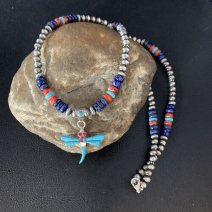 Dragonfly Sterling Silver Turquoise Coral Inlay Pendant | Multi-Color | Navajo Jewelry | 13514 - Masha USA
