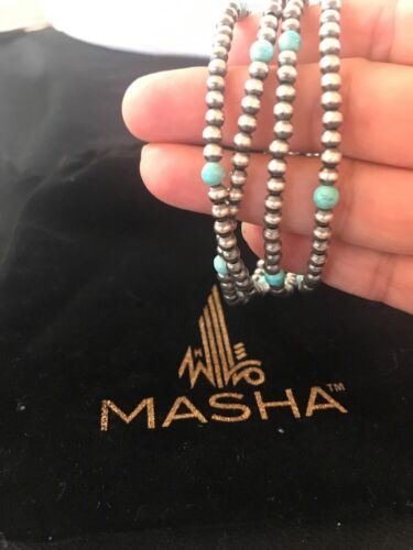Navajo Pearls  Blue Turquoise Bracelet | 4-Strand | Sterling Silver | Authentic Native American - Masha USA