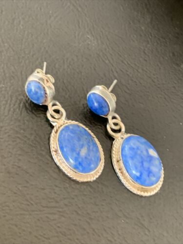 Navajo Denim Lapis Dangle Earrings | Sterling Silver | 1.1" | Authentic Native American Handmade | 1703