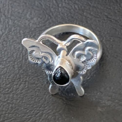 Southwestern Navajo Black Onyx Butterfly Ring | Sterling Silver | Adj Sz 8 | 10385
