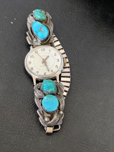 Navajo Women's Sterling Silver Watch Tips with Blue Turquoise Band | Authentic Native American Jewelry | Old Pawn | 12140