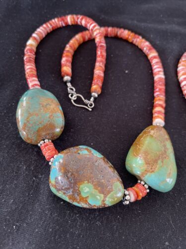 Chunky Turquoise and Red Spiny Oyster Necklace | Navajo Pearls | Sterling Silver | 22" | Native American Handmade | 1238 - Masha USA
