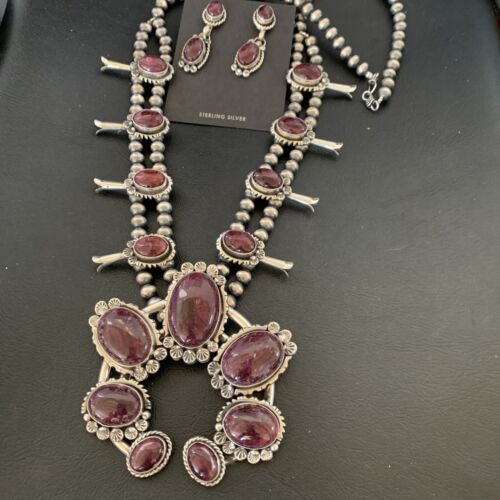 Navajo Purple Squash Blossom Naja Necklace Pendant | Sterling Silver Spiny | Authentic Native American Handmade | 12181