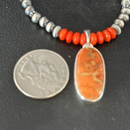 Navajo Red Apple Coral Pendant Necklace | Sterling Silver | Authentic Native American Handmade | 14373