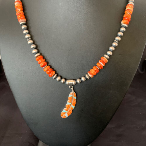 Navajo Pearl Sterling Silver Necklace | Orange Spiny Oyster Opal Leaf  Inlay Pendant | Native American Handmade | 11380