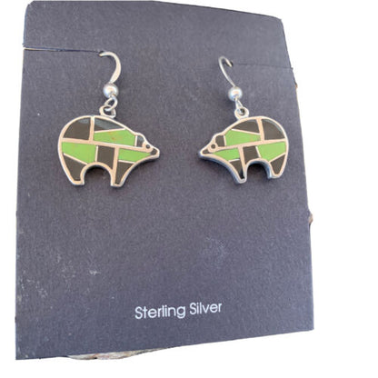 Navajo Green Gaspeite & Onyx Bear Inlay Earrings | Sterling Silver | 0.25" | 1512