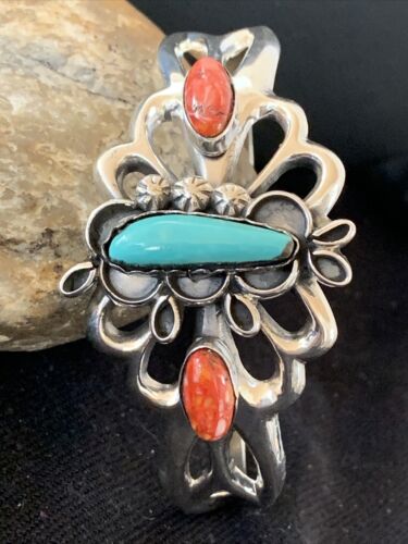 Men's Navajo Kingman Turquoise & Spiny Oyster Bracelet | Sterling Silver | Authentic Native American Handmade | 01031