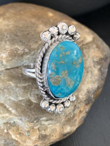 Navajo Blue Kingman Turquoise Ring | Sterling Silver | Sz 7.5 | Authentic Native American Handmade | 13381