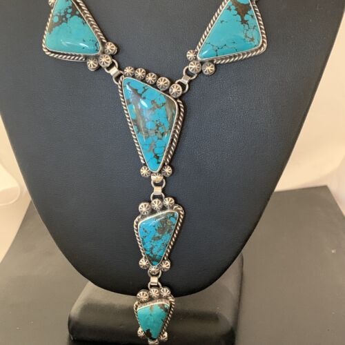 Navajo Lariat Necklace | Spiderweb Turquoise Pendant | Sterling Silver Navajo Pearls | 1187