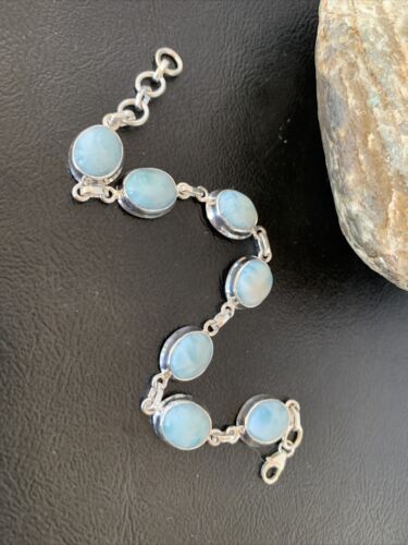 Navajo Blue Larimar 7 Link Bracelet | Sterling Silver | 7.5" | Authentic Native American Handmade | 10623
