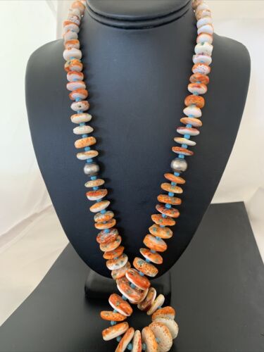 Authentic Navajo Orange Spiny Oyster & Turquoise Necklace | Sterling Silver | 28" | Native American Jewelry