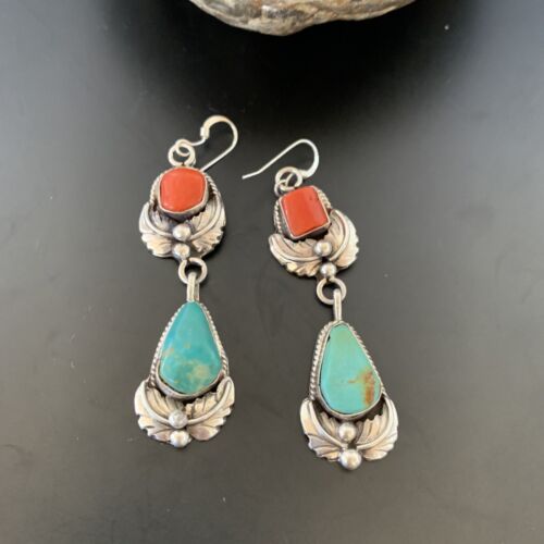 Navajo Green Royston Turquoise Red Coral Dangle Earrings | Sterling Silver | Authentic Native American Handmade | 2054