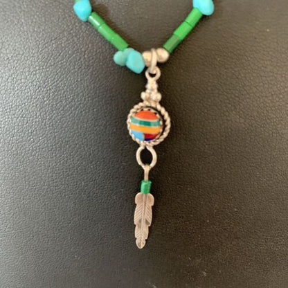Girls Multi-Color Liquid Silver Heishi Pendant | Inlay | Sterling Silver Leaf Inlay | 02047