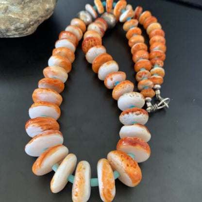 Navajo Orange Spiny Oyster & Turquoise Necklace | Sterling Silver | Authentic Native American | Graduated | 22" | 11387