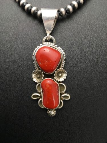 Navajo Red Coral Pendant Necklace | Sterling Silver | Authentic Native American Handmade | 2581