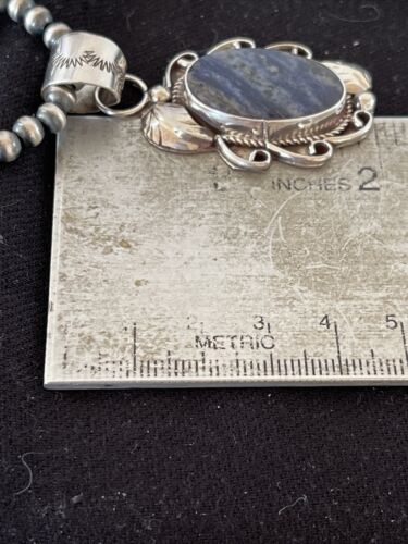 Men's Handmade Navajo Sterling Silver Beads Necklace | Lapis Pendant 2" | Authentic Native American | 1208