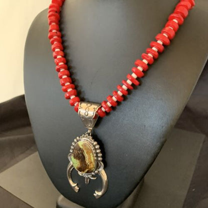 Navajo Green Gaspeite Naja Pendant with Red Coral | Sterling Silver | 23" Necklace | Authentic Native American Handmade | 11165