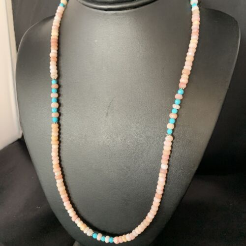 Navajo Blue Turquoise Pink Opal Bead Necklace | Sterling Silver | Authentic Native American Handmade | 22" | 13592