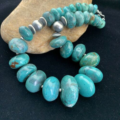 Men's Navajo Pearl Sterling Silver Necklace | Graduated Blue Chunky Turquoise | Authentic Native American | 24" | 01744