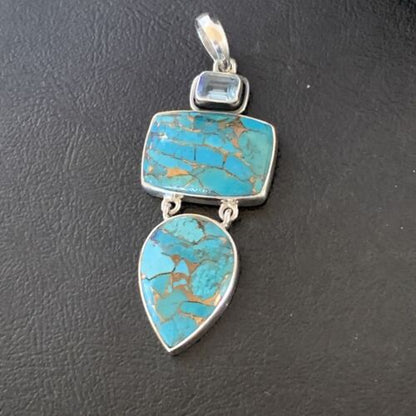 Navajo Blue Topaz Mojave Turquoise Pendant | Authentic Native American Sterling Silver | Multi-Stone | 10714