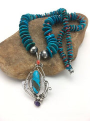 Navajo Kingman Turquoise & Spiny Oyster Multi-Stone Pendant Necklace | Authentic Native American Sterling Silver | 2637
